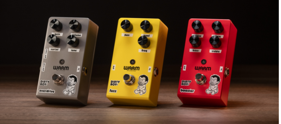 Warm Audio Dirty Boy Jr. Booster, Overdrive and Fuzz pedals shown together.