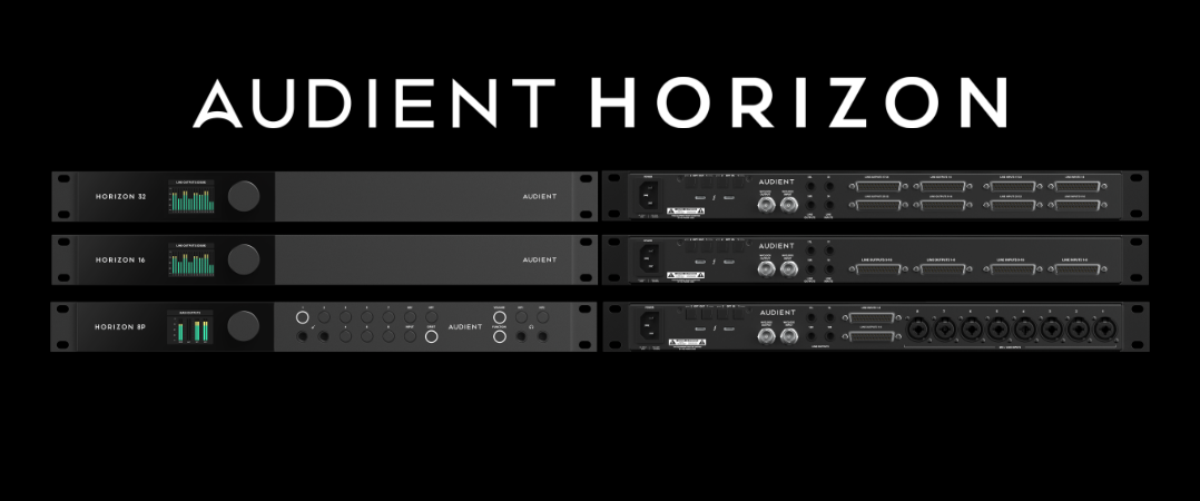 Front and rear views of the Audient Horizon 8P, Horizon 16 and Horizon 32 professional Thunderbolt 3 audio interfaces.